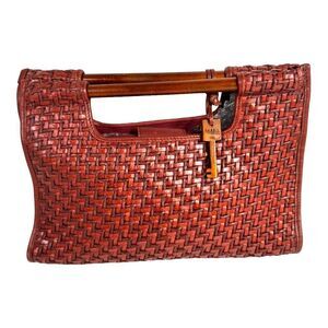 FOSSIL Brick Red Woven Wooden Handle Shoulder Strap Purse Handbag Straw WIcker